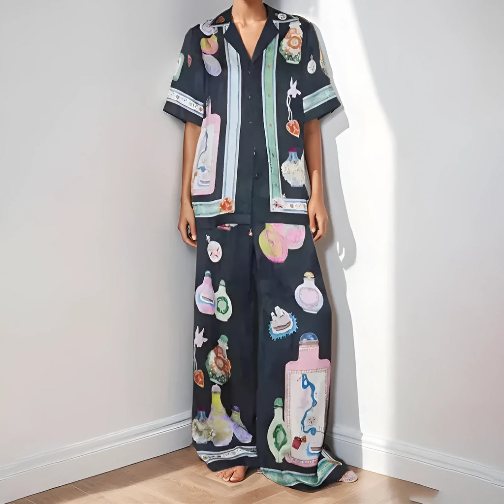 Black women's cardigan and trousers set with cartoon pattern in sizes S M L XL 2XL 3XL