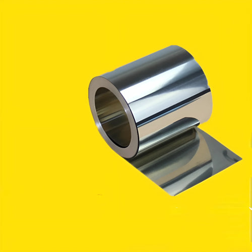 Close-up of a rolled 304 stainless steel strip with leather backing, showing various thickness and width options on a workshop bench.
