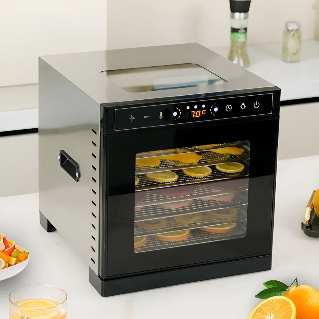 Stainless steel fruit dehydrator with visual skylight window and stackable trays for drying fruits and vegetables