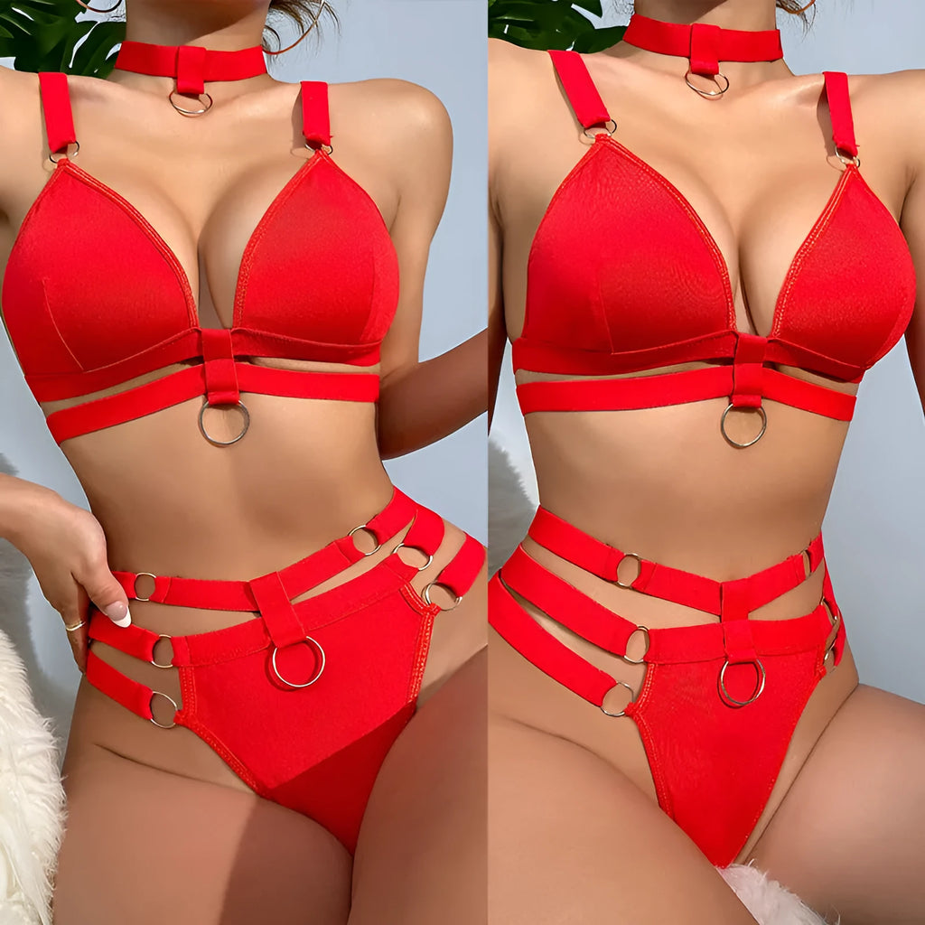 Women's bikini swimsuit set with black top and pants on white background showing front view