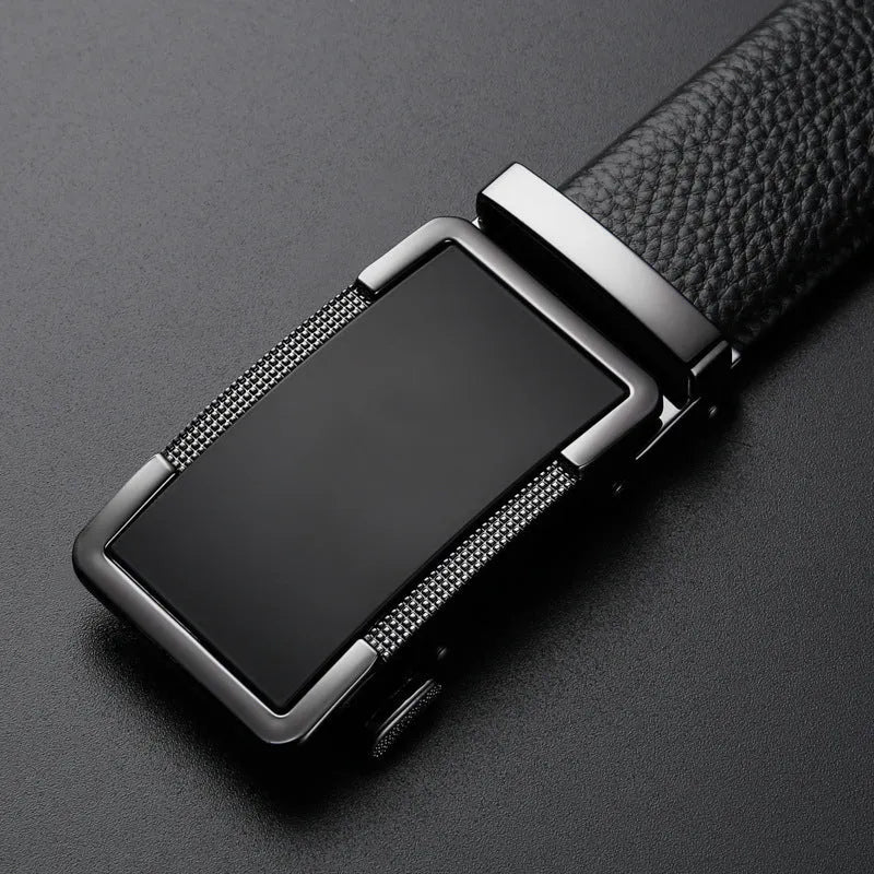 Men's leather belt with automatic Comfort Click buckle in gun black finish showing 2-4cm width