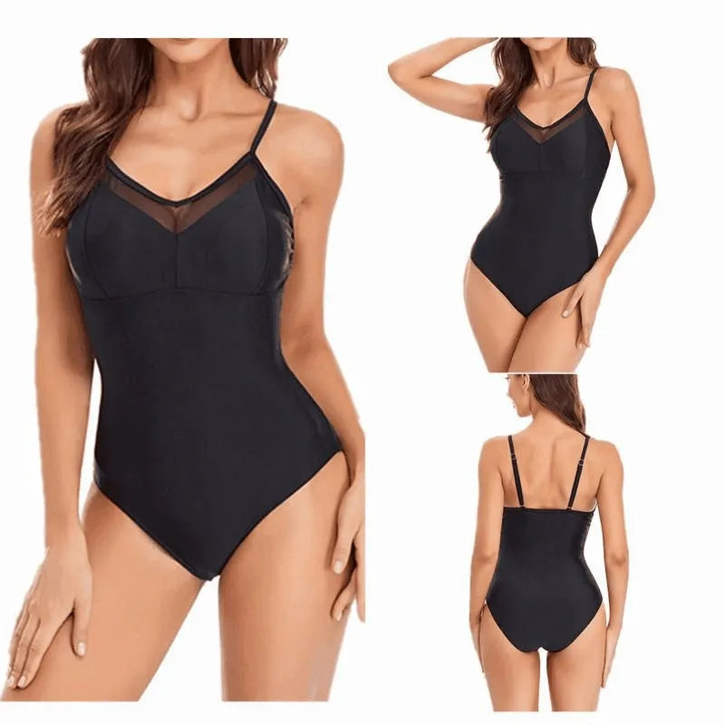 Ladies' backless mesh one-piece swimsuit in solid black or blue, showing high elasticity fit.