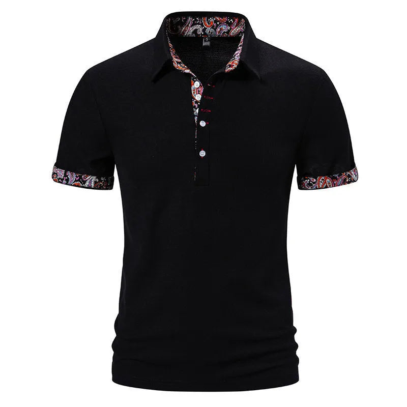 Men's polo shirt with colour stitching detail on a turnover collar and short sleeves.