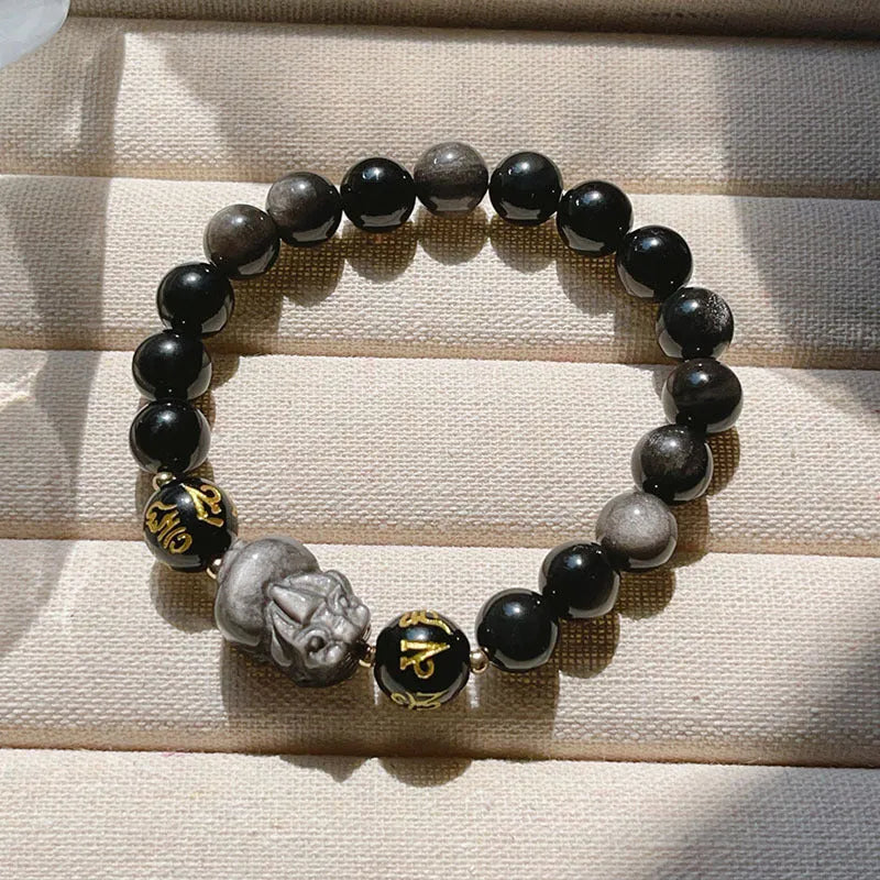 Men's Silverstone bracelet with beads and engraved Chinese proverbs, shown in silver colour.