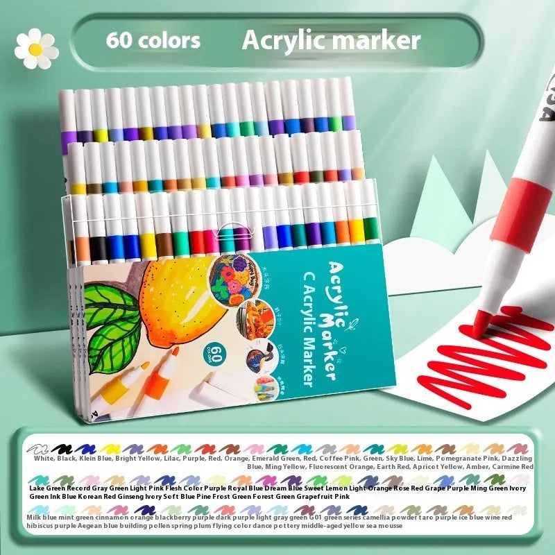 Box of acrylic marker pens for student painting with true colour ink in multicolour plastic barrels