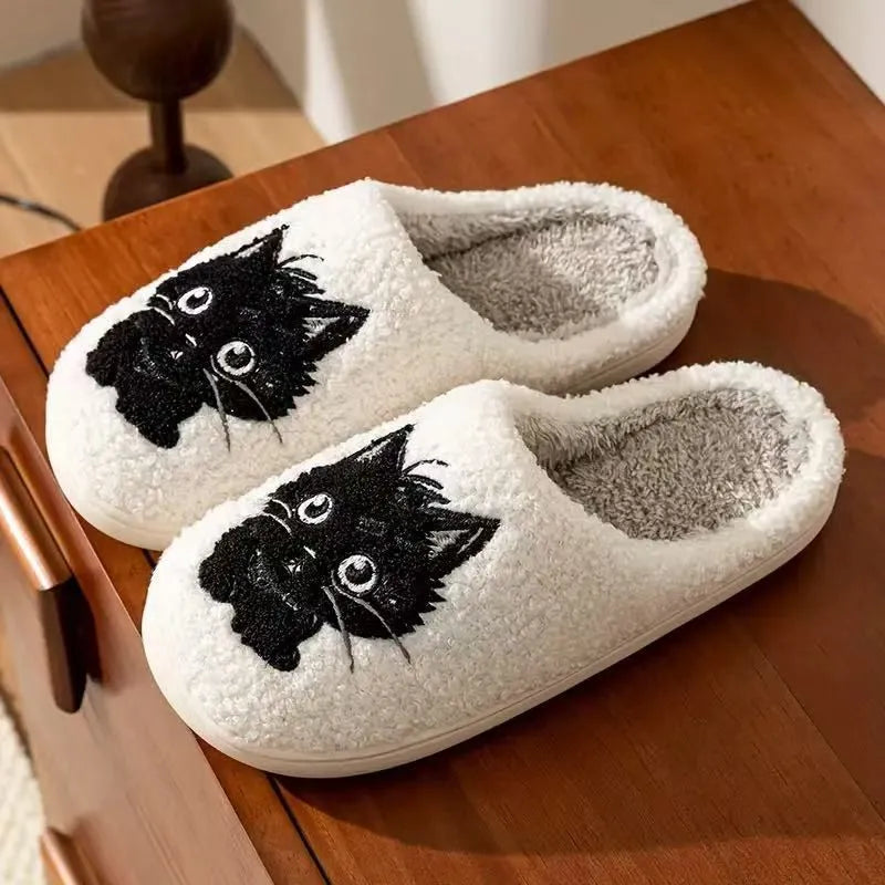 White plush couples slippers with black beard cat cartoon design and non-slip TPR soles