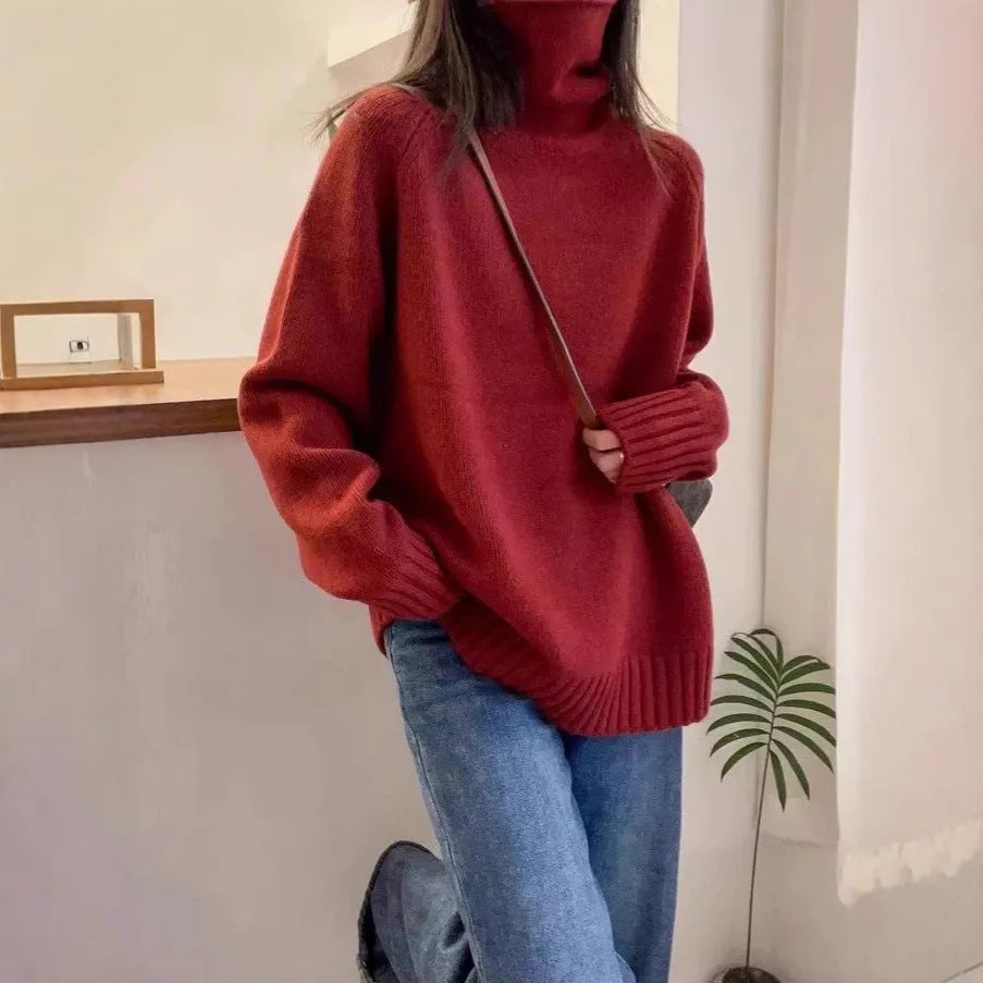 Women's loose thick turtleneck sweater with curling pile collar in red, camel, gray, or black