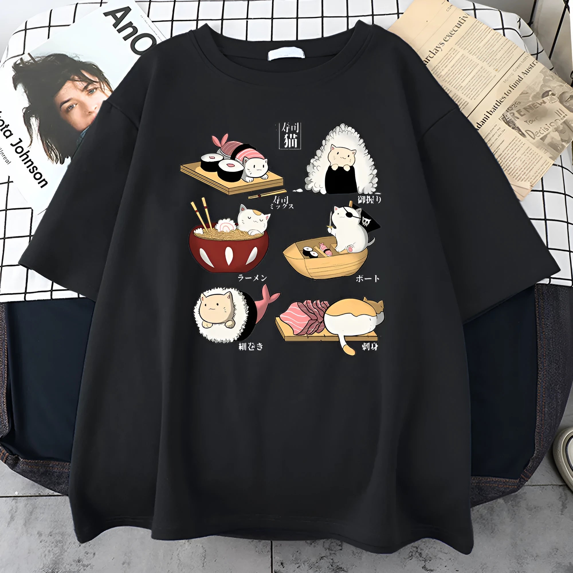 Men's black cotton t-shirt with cat sushi cartoon design showing front view