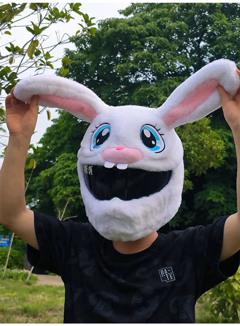 White plush rabbit head helmet cover for electric motorcycle with long ears and needle plush detailing