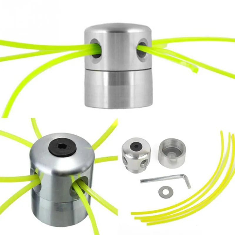 Silver aluminium Luzhu lawn mower grass trimmer head with four light yellow square ropes, wrench, and gasket.