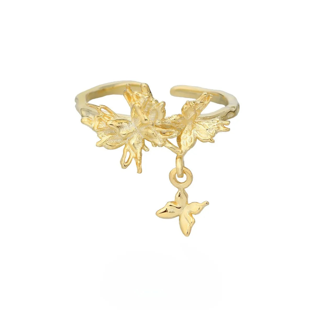 Adjustable silver butterfly ring showing electroplated finish in either white gold or 18K gold colour option.
