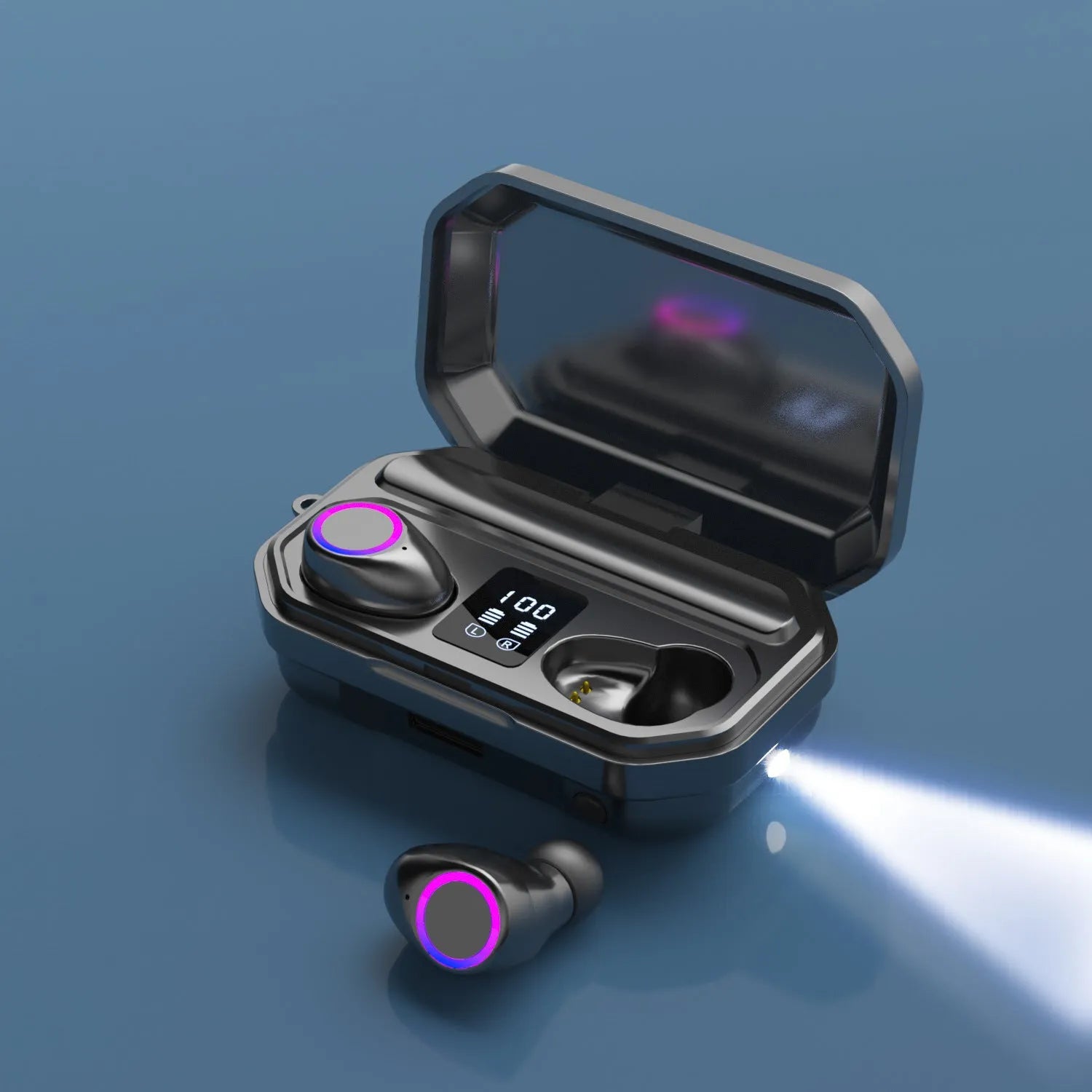 Black and white wireless Bluetooth in-ear headphones with a charging case featuring an LED battery display.