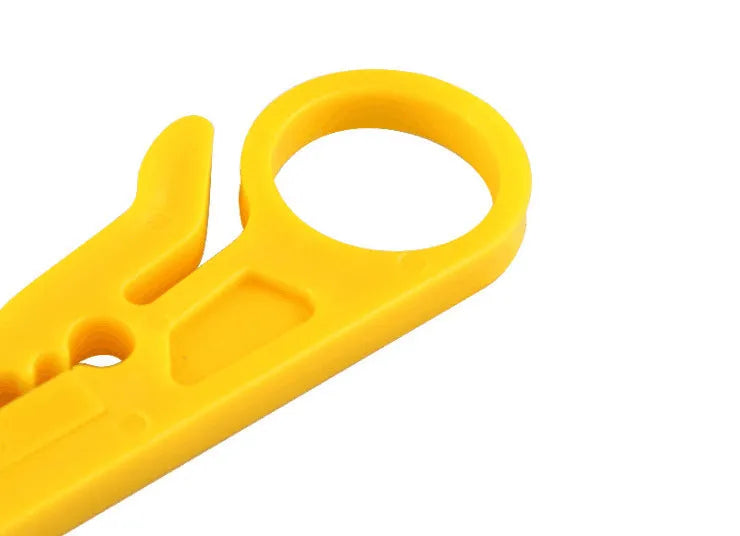 Yellow portable wire stripper tool for 0.6mm diameter cables with snap-in metal blade