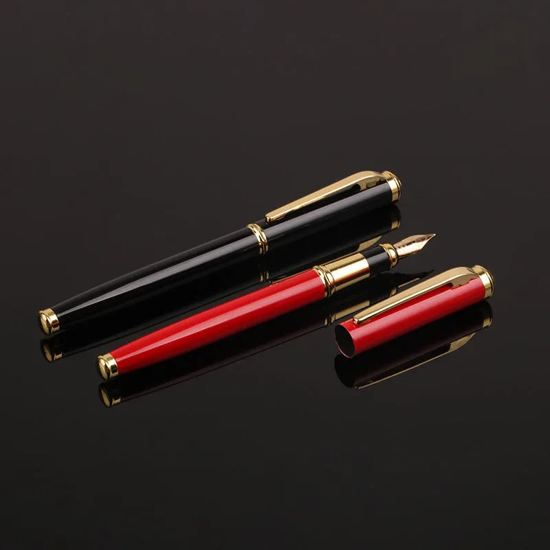 Red and black metal shell fountain pen with 0.5mm nib, shown with gift packaging