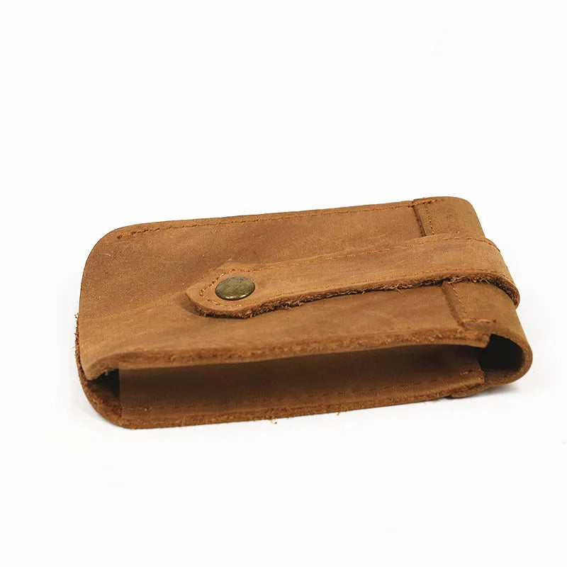 Crazy Horse leather key case in dark brown with keys inserted, measuring 7 cm by 11.5 cm