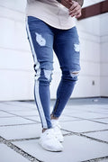 Men's light blue ripped nostalgic jeans with zipper fly, casual leisure fit, cotton-spandex denim, Asian sizing 28-38