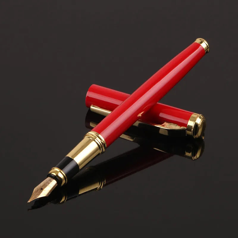 Red and black metal shell fountain pen with 0.5mm nib, shown with gift packaging
