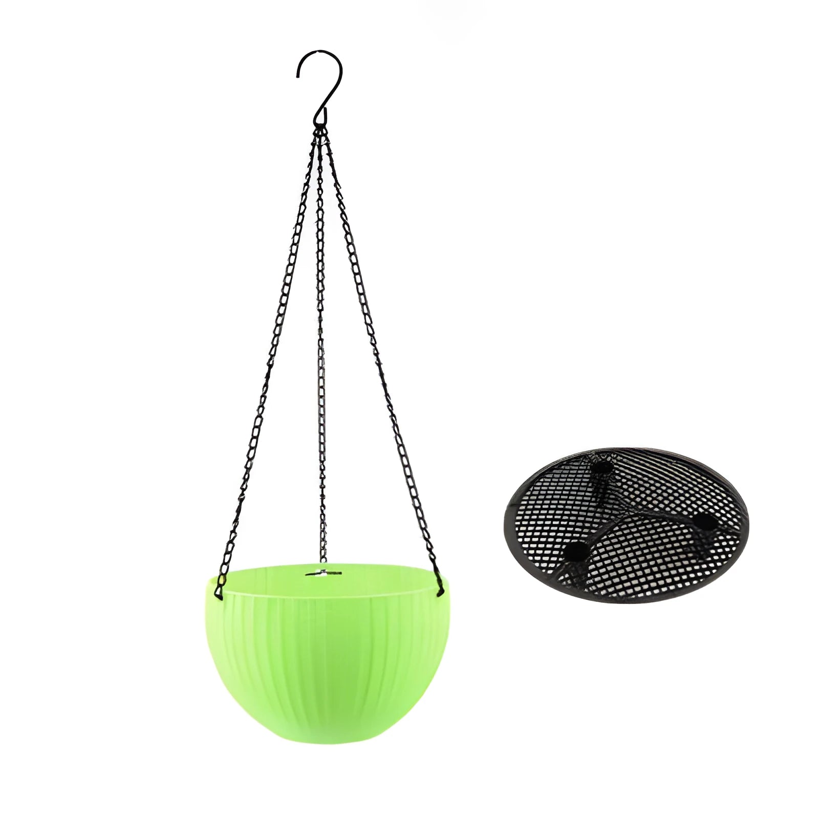 Injection-moulded plastic hanging basket with inner pot and chain in choice of seven colours.
