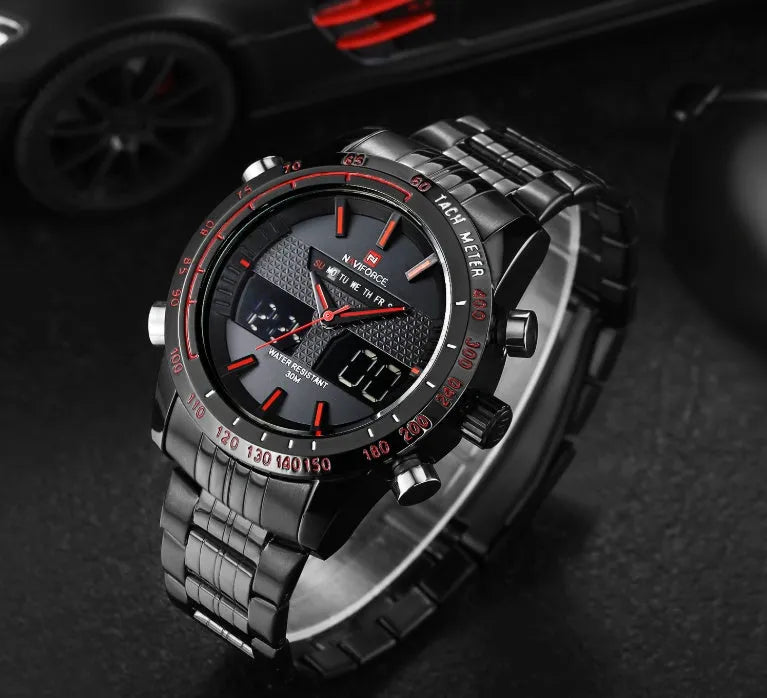 Naviforce 9024 men's sports wrist watch with black alloy strap, 46mm round dial, and luminous hands