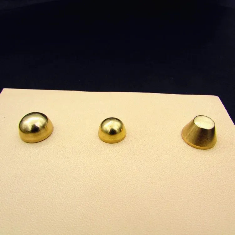 Brass decorative buckles in round and geometric shapes, sizes 10x6mm and 12x7mm.