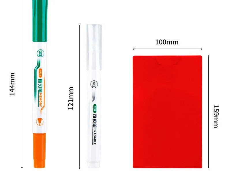 Erasable highlighter review pen set in green with plastic stem and oblique tip, card packed