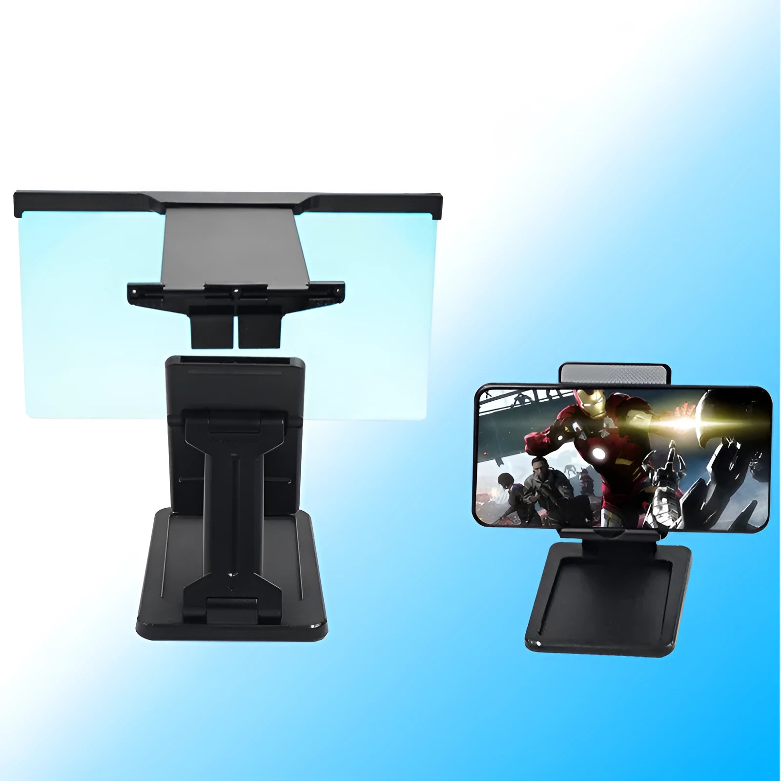 Black L20 split mobile phone screen magnifier with acrylic lens on a table next to its mounting bracket.