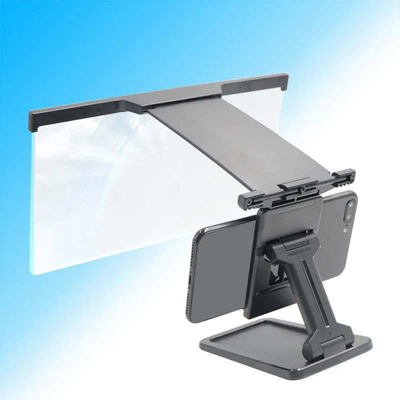 Black L20 split mobile phone screen magnifier with acrylic lens on a table next to its mounting bracket.