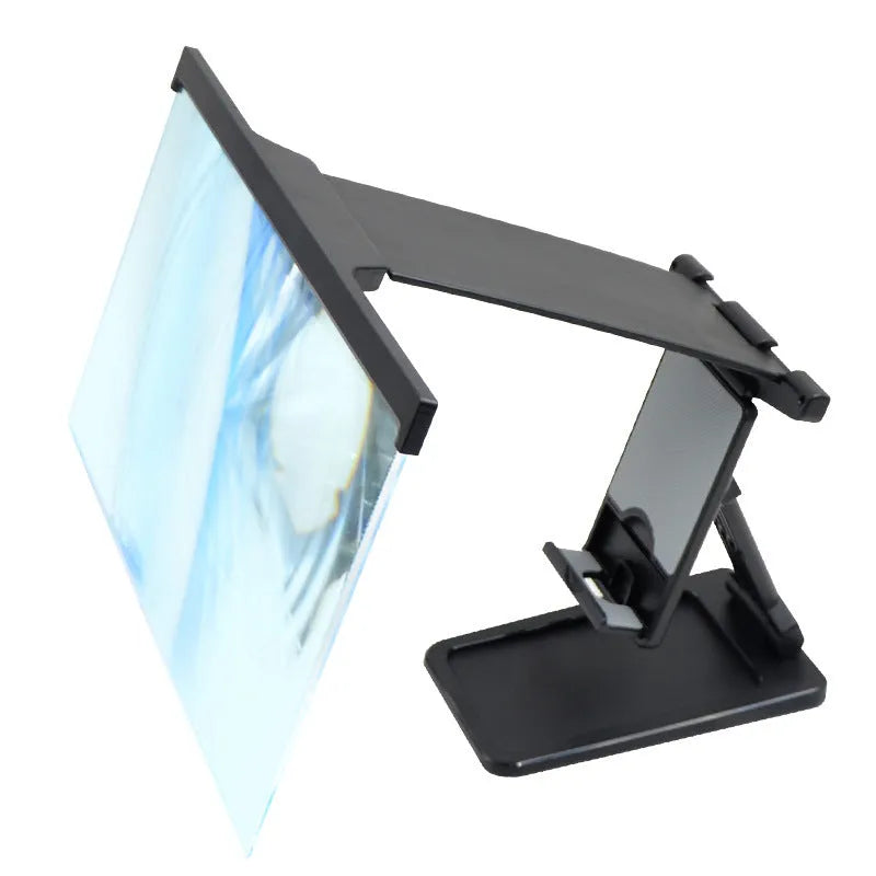 Black L20 split mobile phone screen magnifier with acrylic lens on a table next to its mounting bracket.