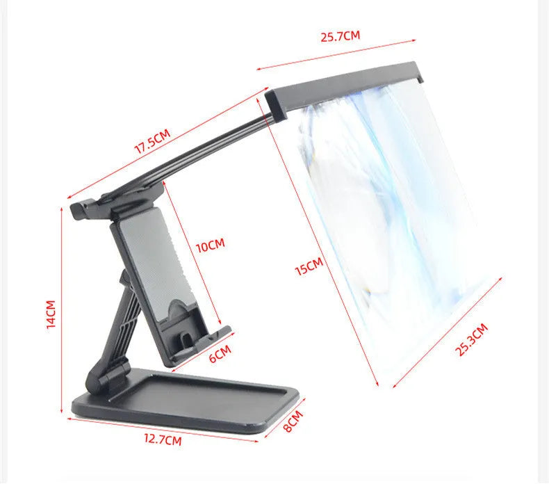 Black L20 split mobile phone screen magnifier with acrylic lens on a table next to its mounting bracket.