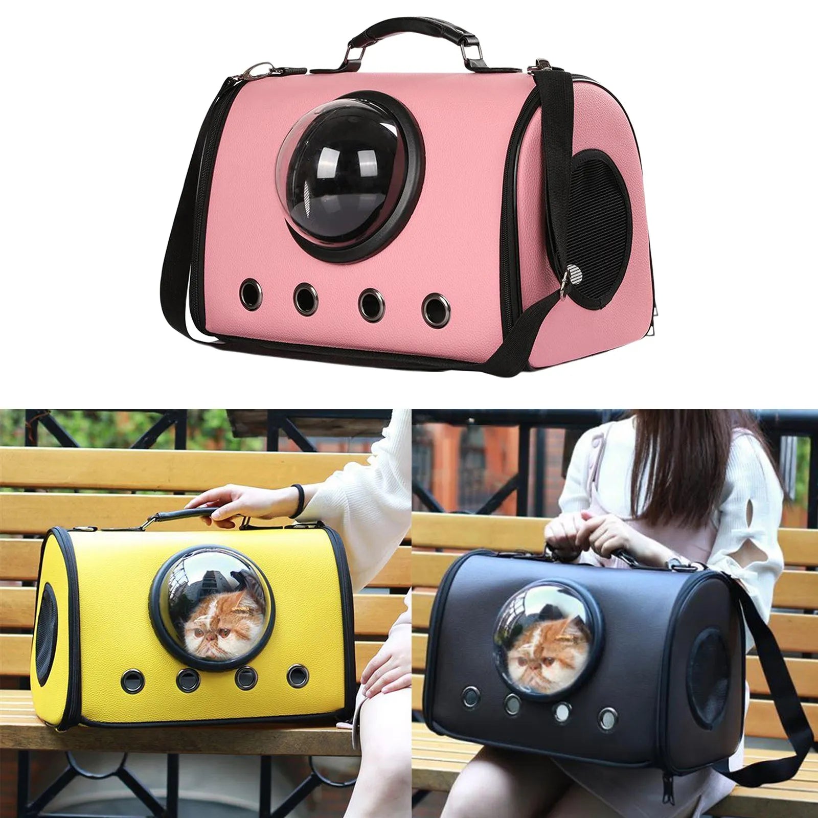 Grey PU leather pet backpack carrier with multiple ventilation holes for small dogs and cats, 44x26x31cm size