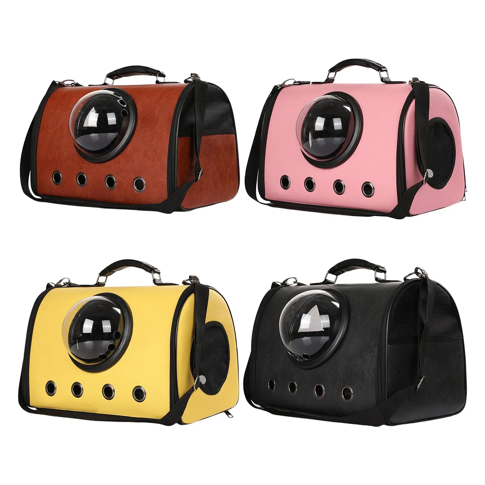 Grey PU leather pet backpack carrier with multiple ventilation holes for small dogs and cats, 44x26x31cm size