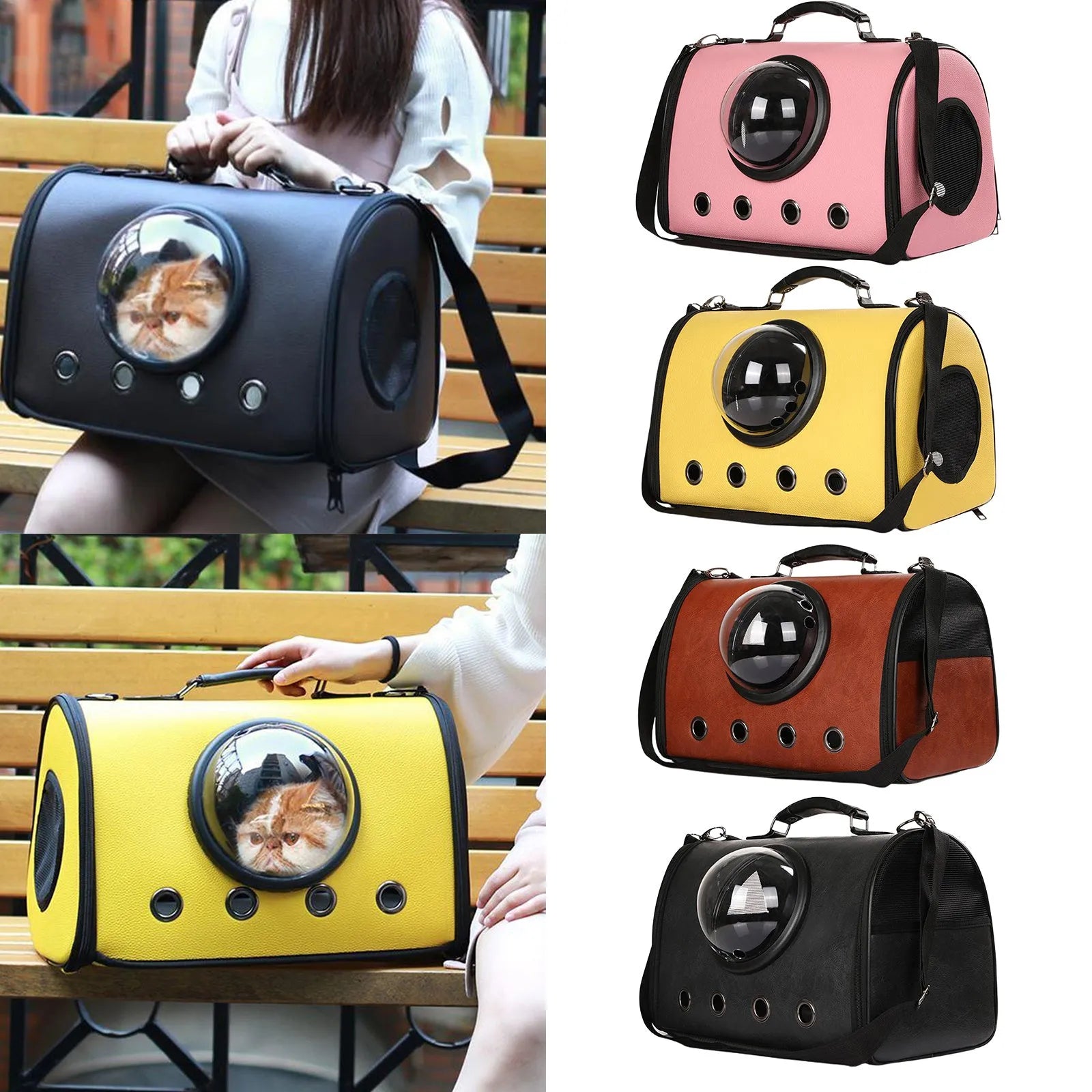 Grey PU leather pet backpack carrier with multiple ventilation holes for small dogs and cats, 44x26x31cm size
