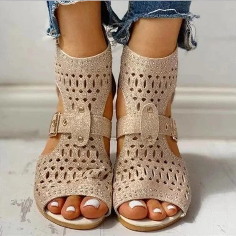 Women's beige wedge heel sandals with back zipper and fish mouth toe design
