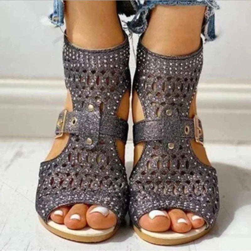 Women's beige wedge heel sandals with back zipper and fish mouth toe design