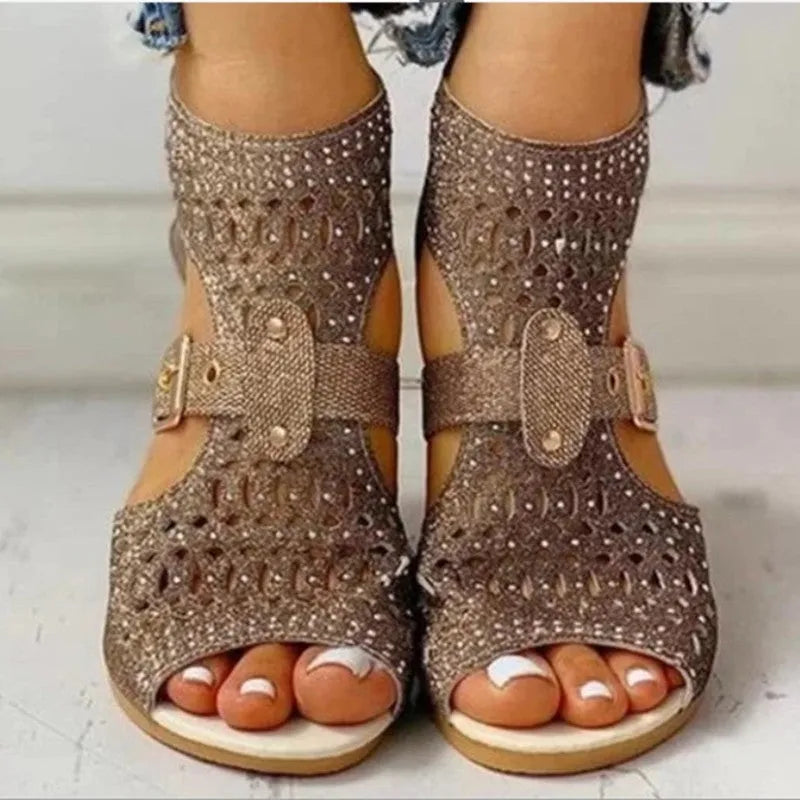 Women's beige wedge heel sandals with back zipper and fish mouth toe design