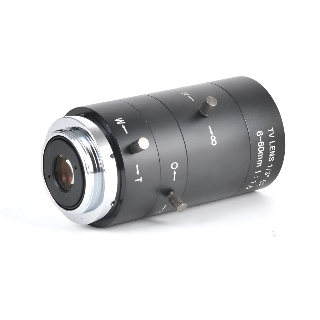 Black manual aperture CS mount CCTV camera lens with 6-60mm focal length markings