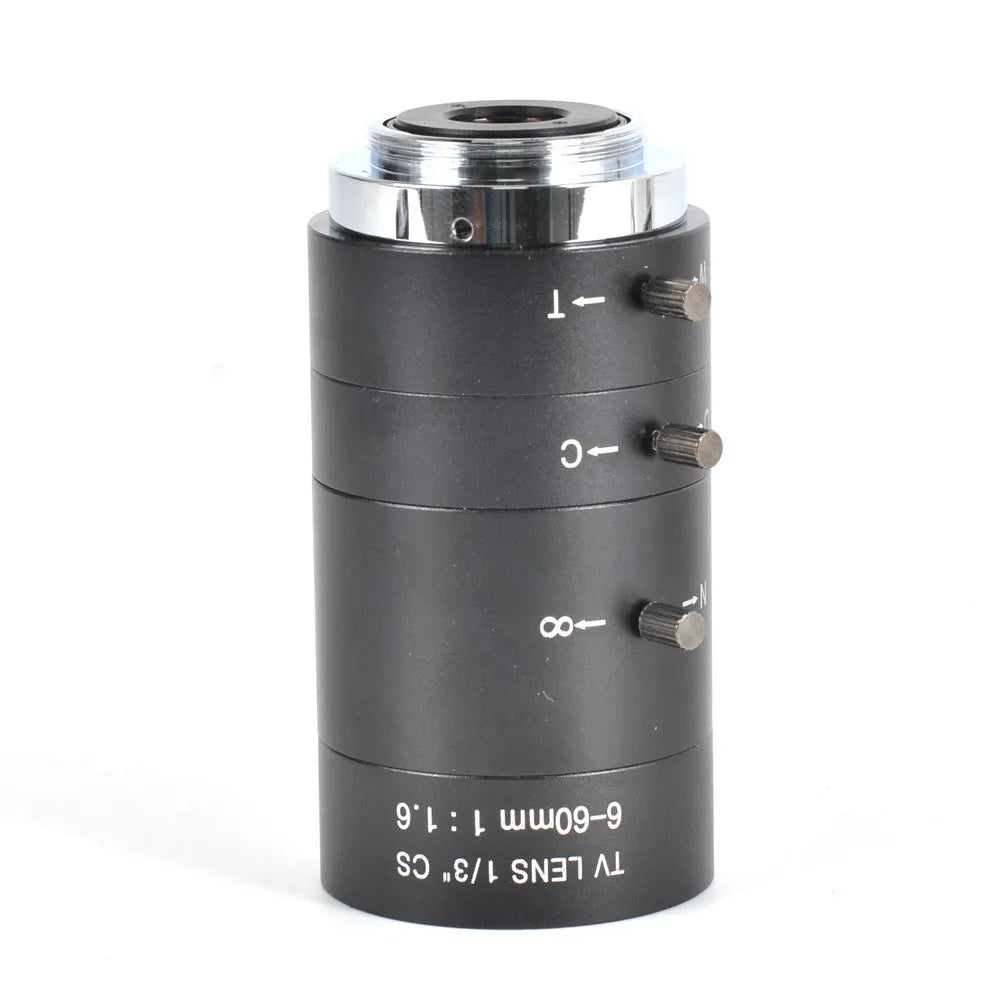 Black manual aperture CS mount CCTV camera lens with 6-60mm focal length markings