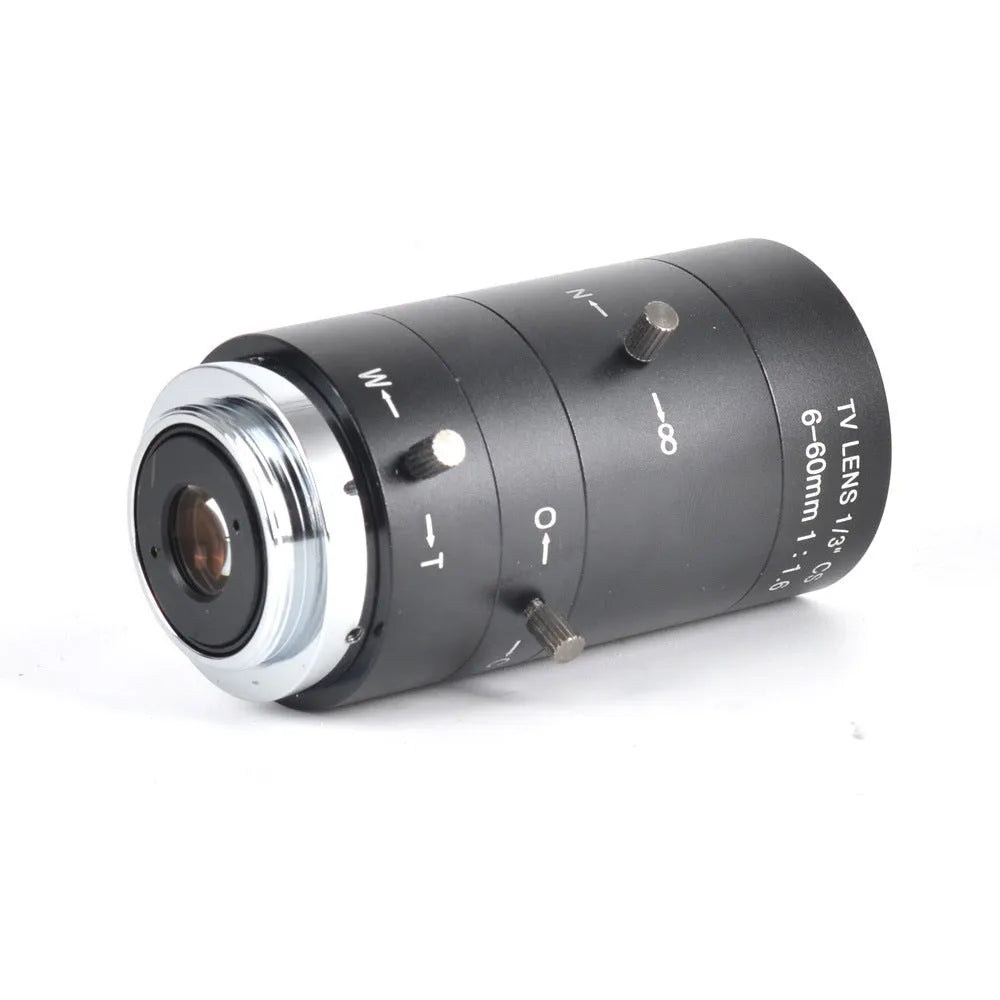 Black manual aperture CS mount CCTV camera lens with 6-60mm focal length markings