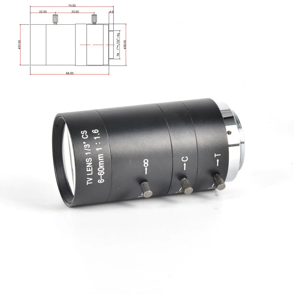 Black manual aperture CS mount CCTV camera lens with 6-60mm focal length markings