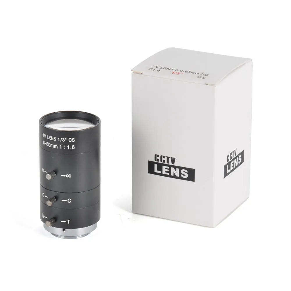 Black manual aperture CS mount CCTV camera lens with 6-60mm focal length markings