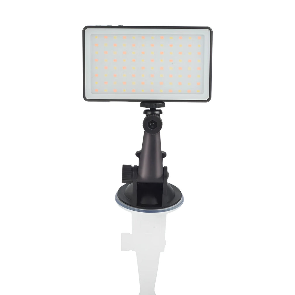 Black aluminium USB LED video conference light with LCD screen, shown next to a laptop
