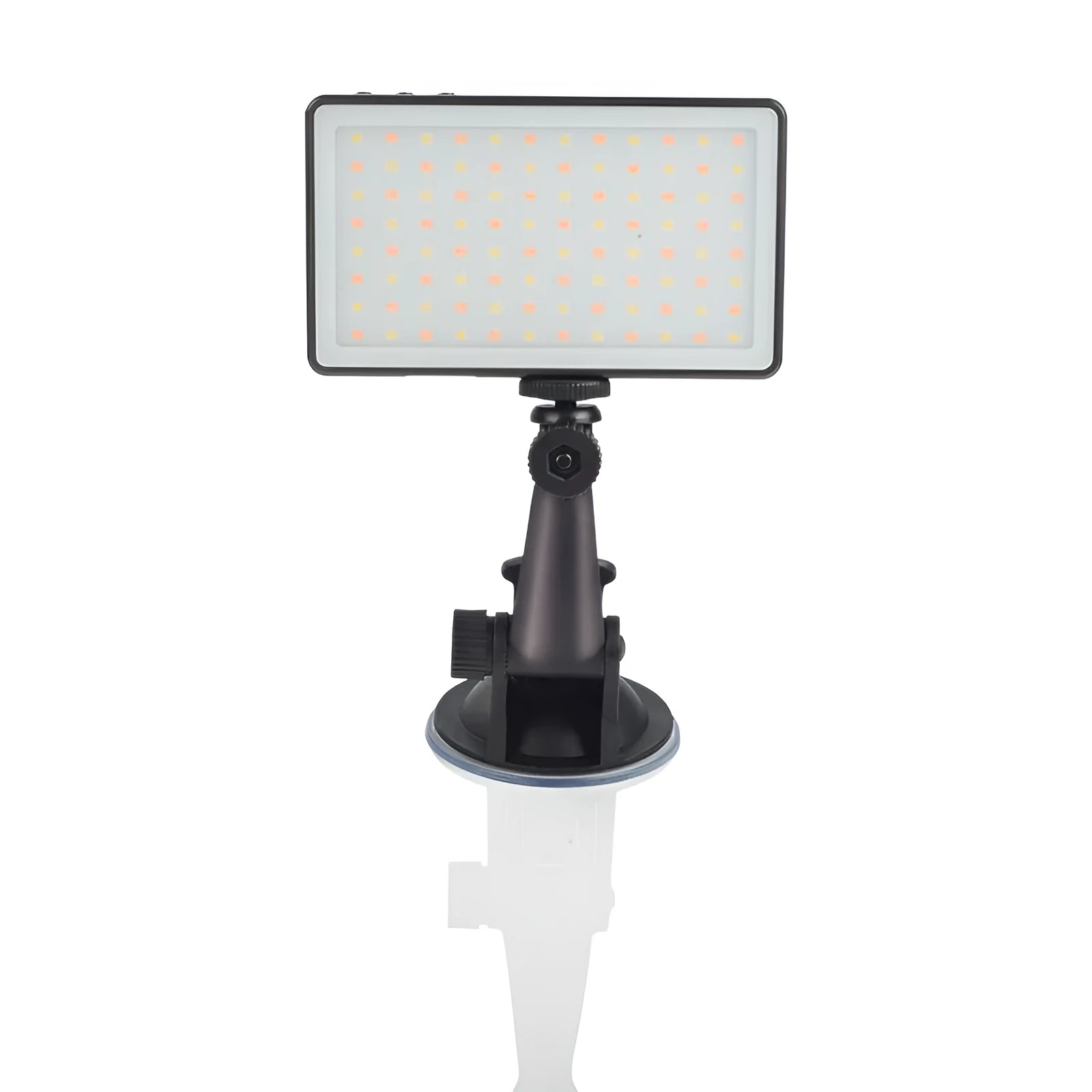 Black aluminium USB LED video conference light with LCD screen, shown next to a laptop