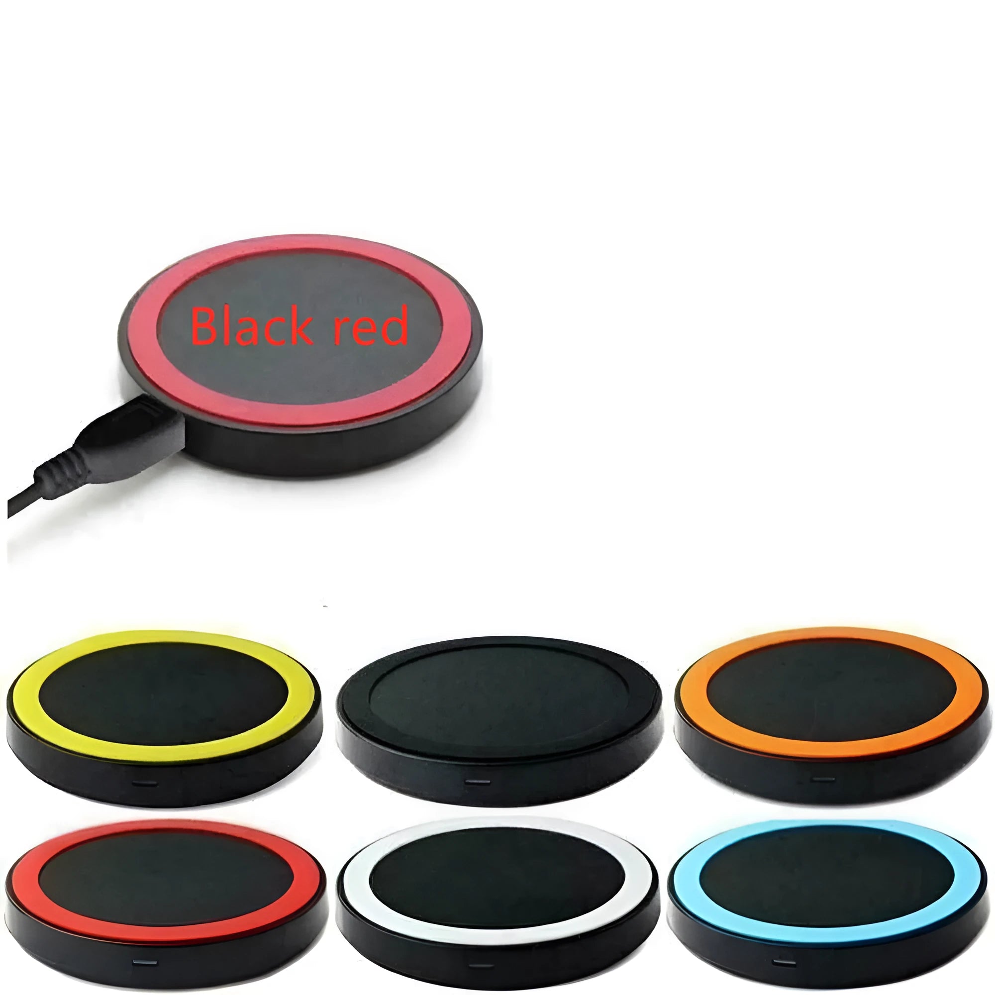 A square, low-profile Qi wireless charging pad in one of six colour options on a table.