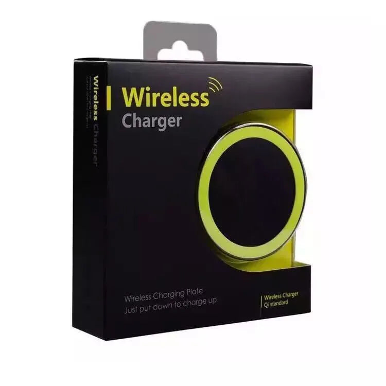 A square, low-profile Qi wireless charging pad in one of six colour options on a table.