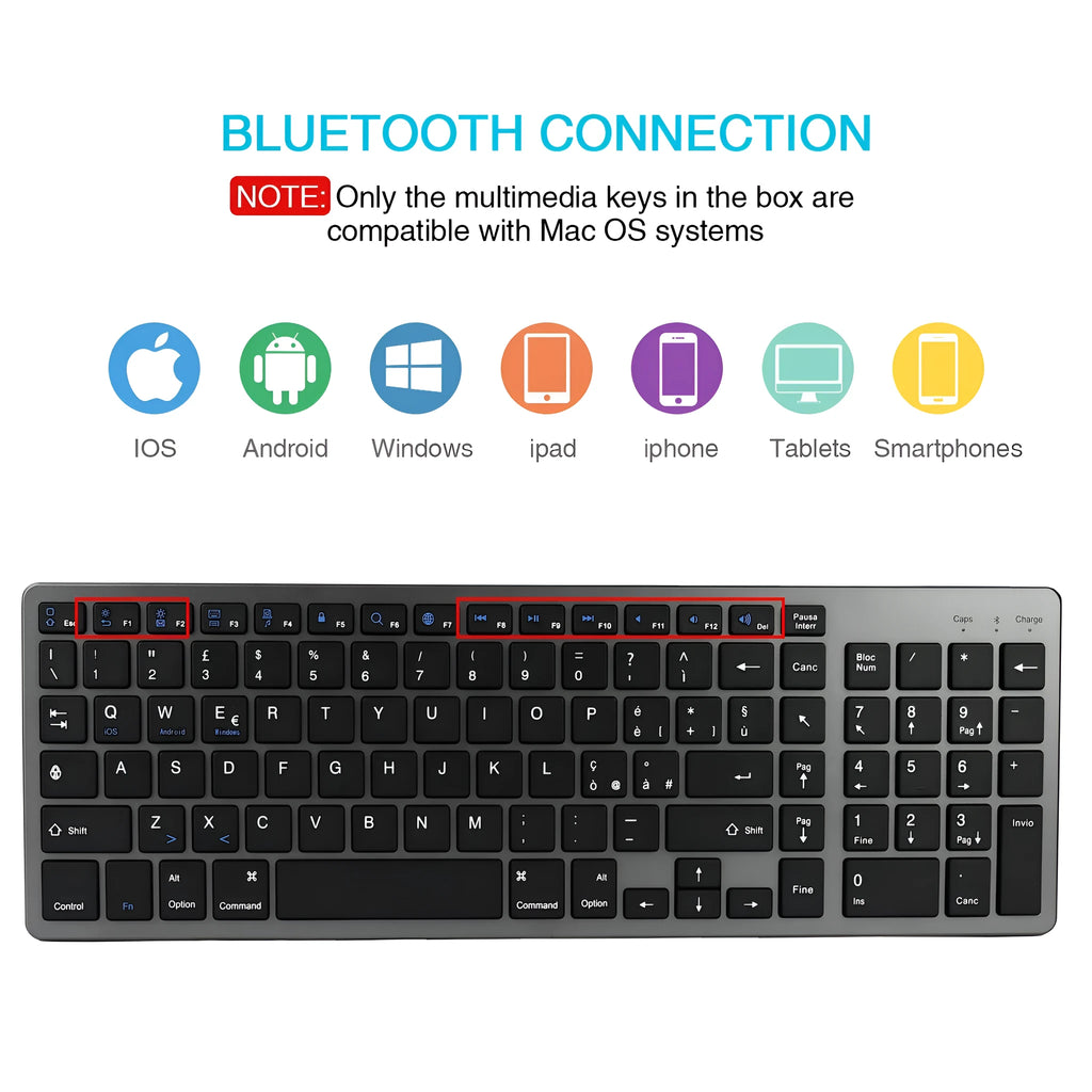 Ultra-thin Bluetooth keyboard for tablets and mobile phones in grey colour