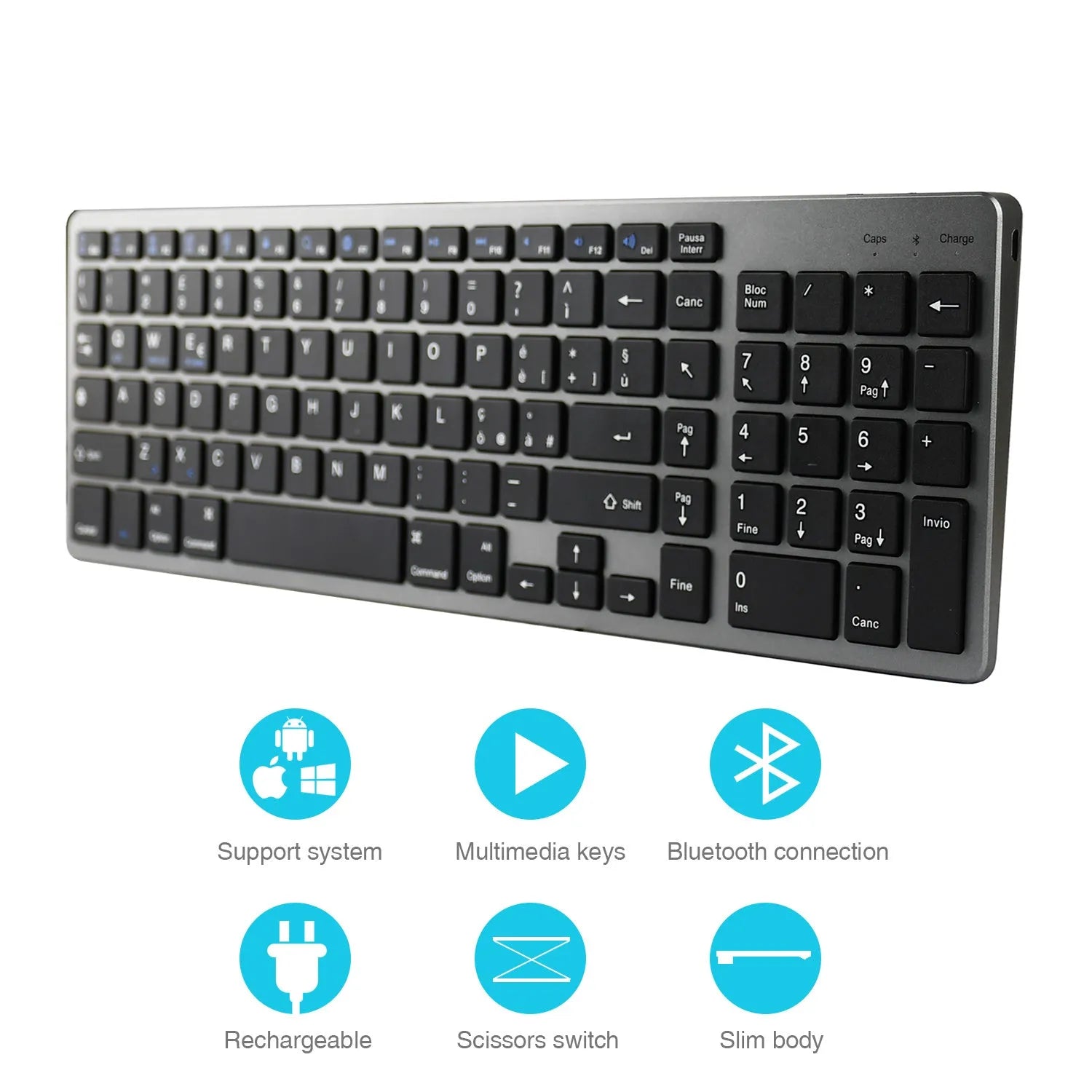 Ultra-thin Bluetooth keyboard for tablets and mobile phones in grey colour