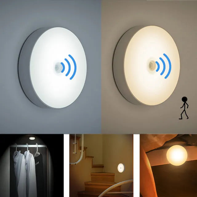 White circular motion sensing night light with USB charging port mounted on wall