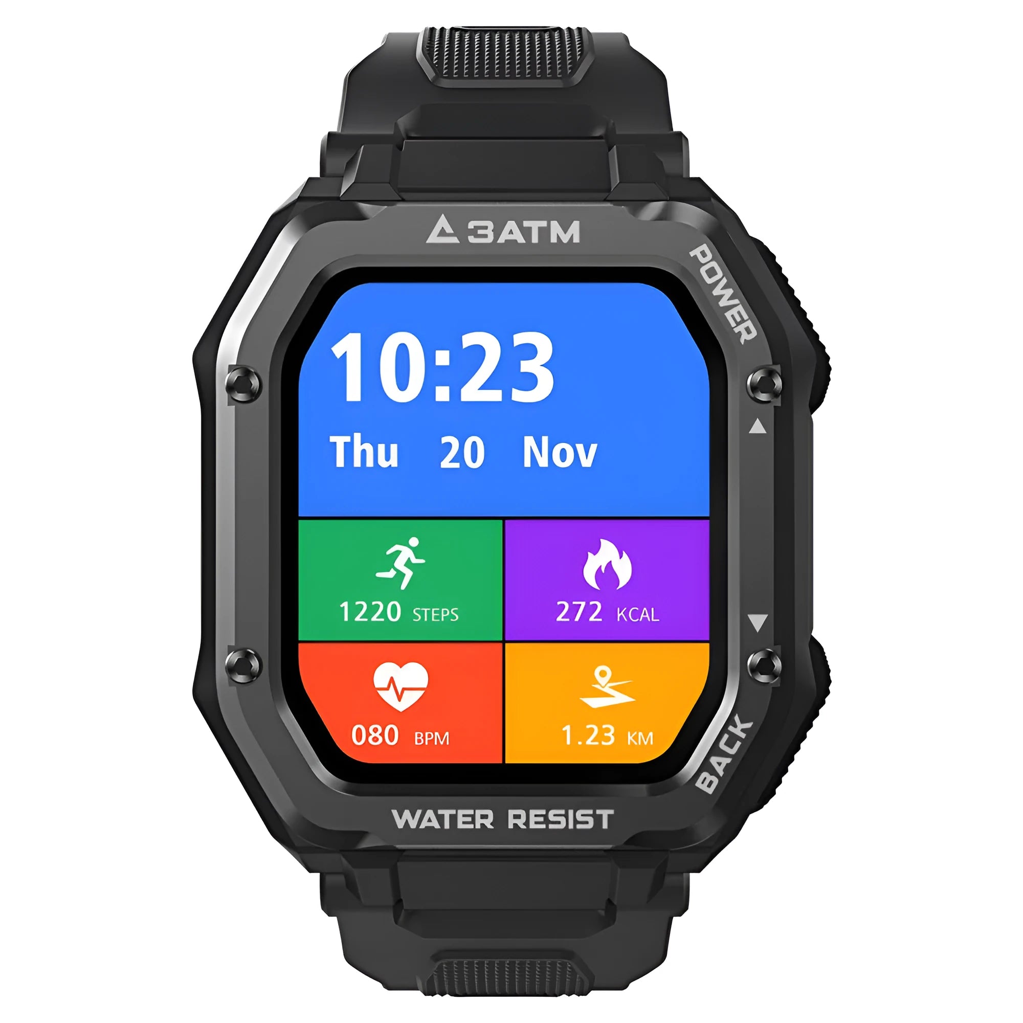 Army green sports smart watch with 1.69 inch screen showing fitness metrics