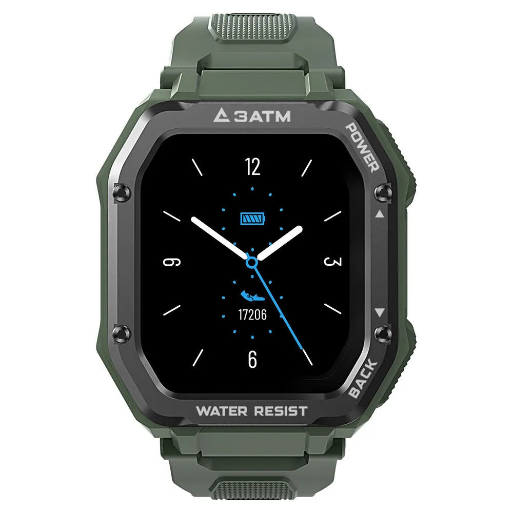 Army green sports smart watch with 1.69 inch screen showing fitness metrics