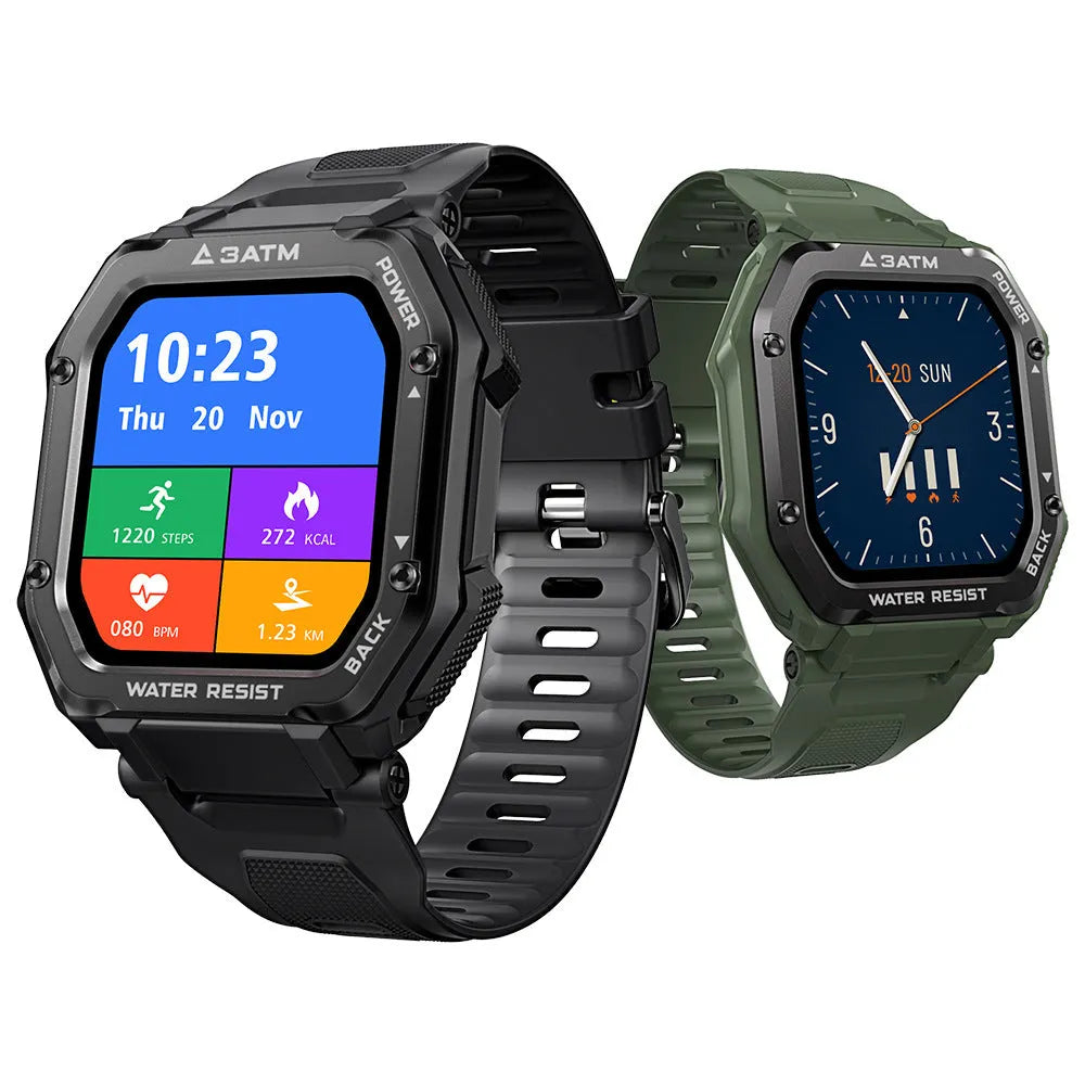 Army green sports smart watch with 1.69 inch screen showing fitness metrics